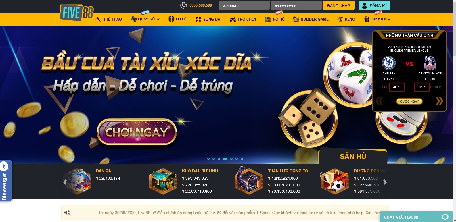 Trang chủ của five88 giao diện mượt mà bắt mắt