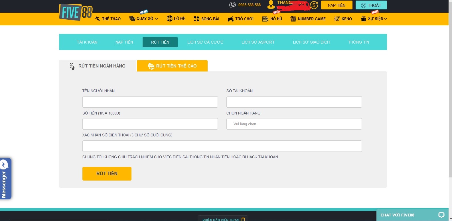 Giao diện rút tiền thẻ cào tại Five88